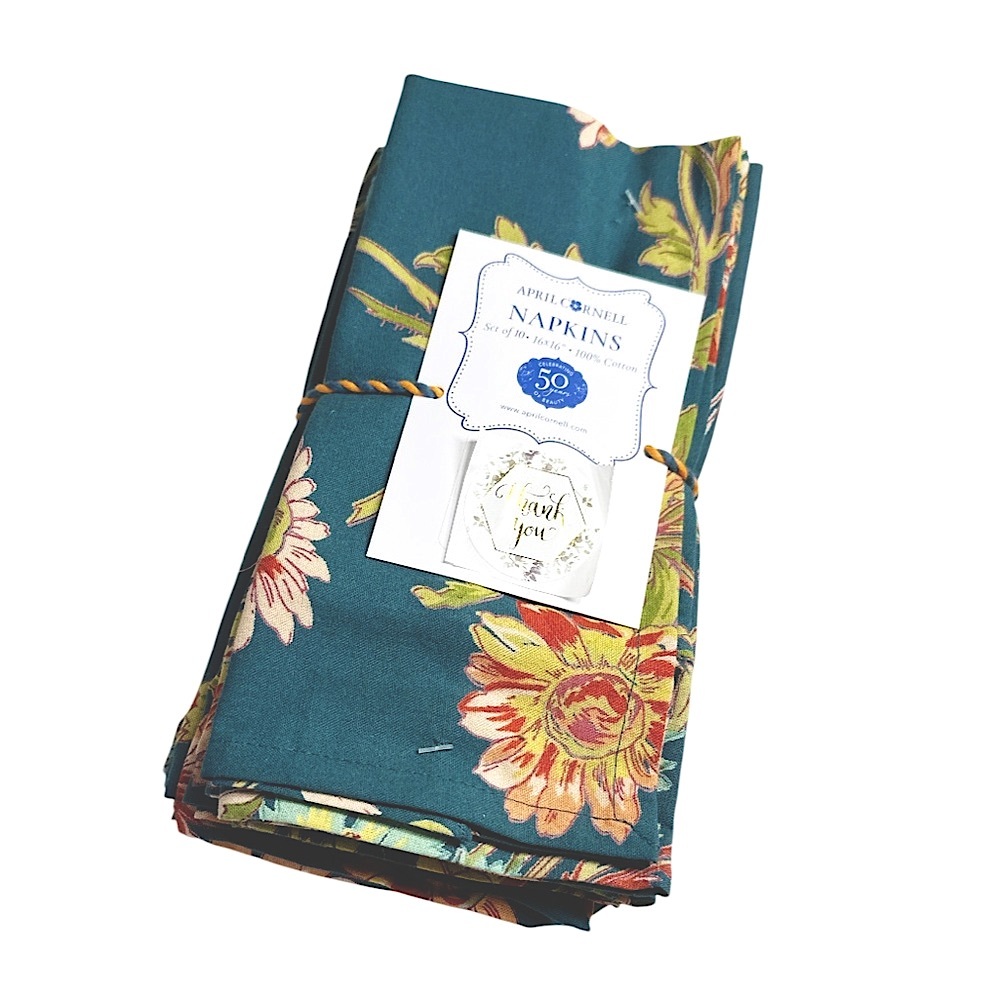 NEW April Cornell TEAL FLORAL Design Napkin Set/10